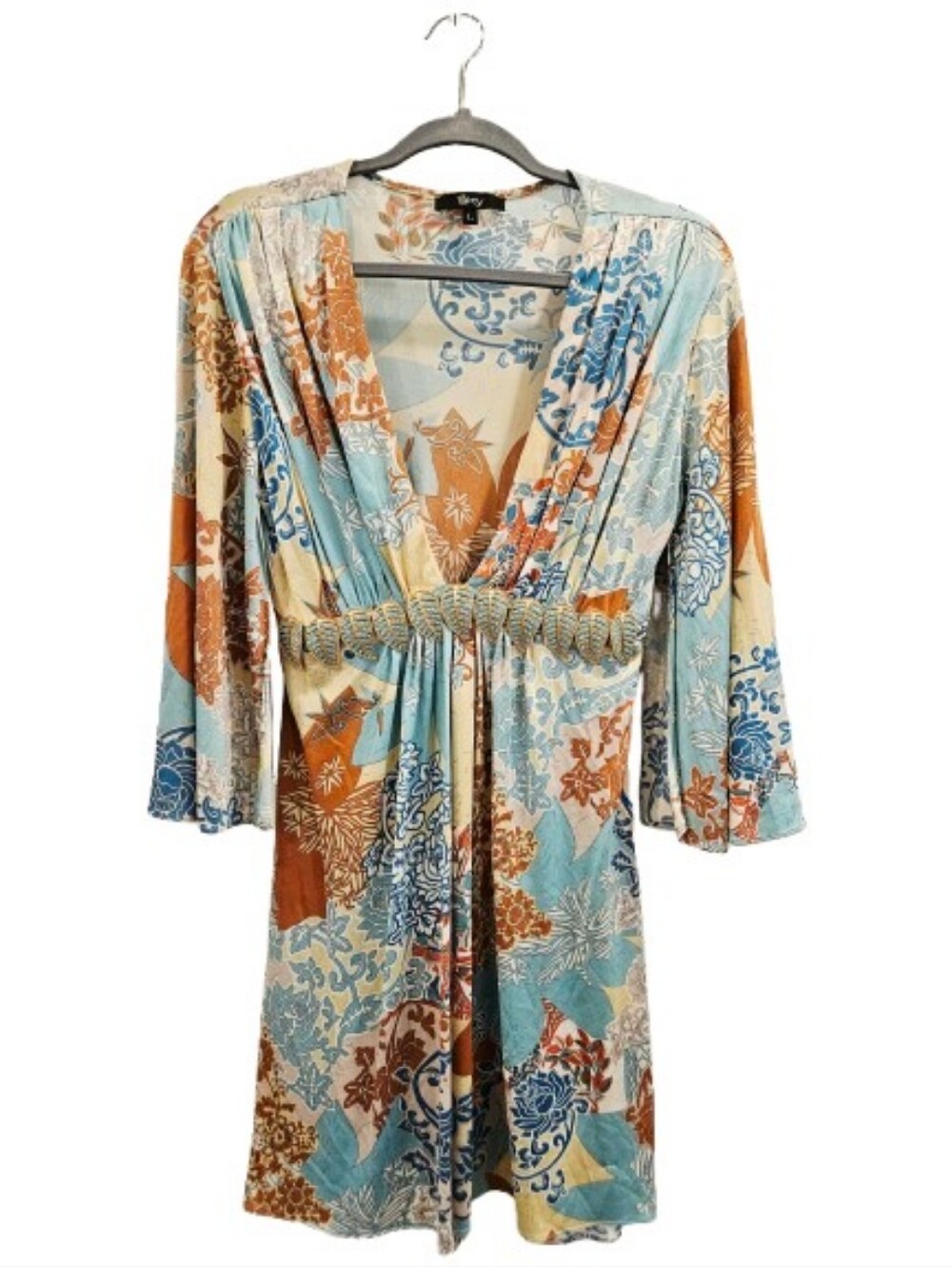 Sky 100% Silk Floral Boho Bell Sleeve Empire Waist Dress Embellished Belt Large